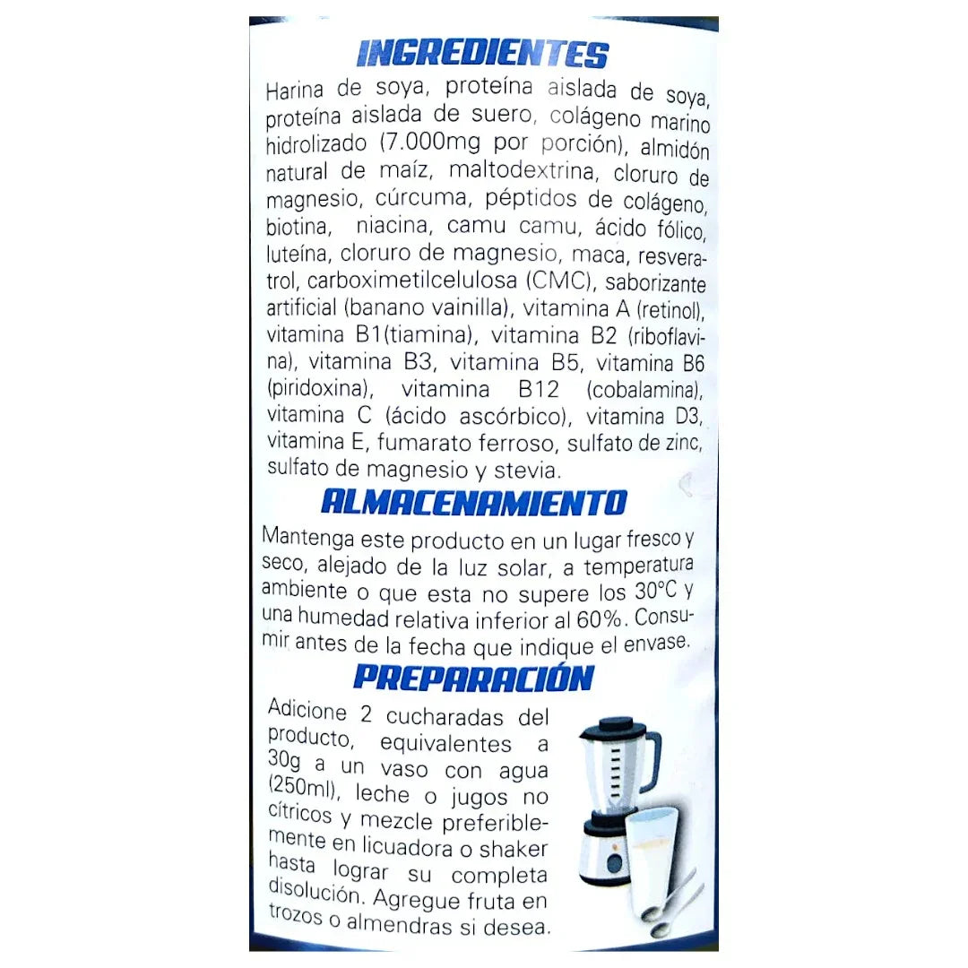 Ingredientes y preparación de suplemento con colágeno marino, vitaminas y proteínas de soya en etiqueta