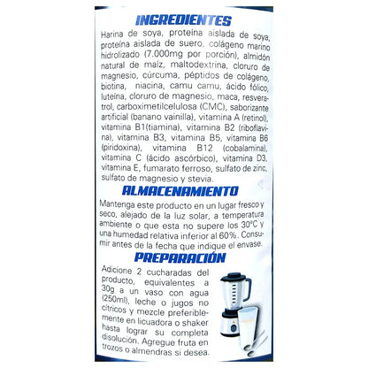 Ingredientes y preparación de suplemento con colágeno marino, vitaminas y proteínas de soya en etiqueta