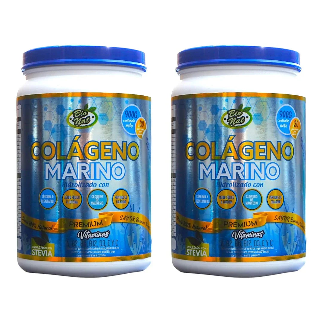 Dos tarros de colágeno marino hidrolizado Bio Nat con sabor a banano y vainilla, 900g