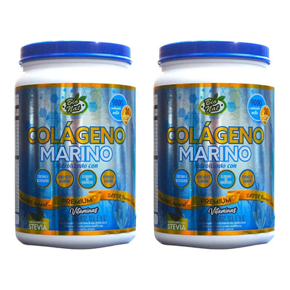 Dos tarros de colágeno marino hidrolizado Bio Nat con sabor a banano y vainilla, 900g