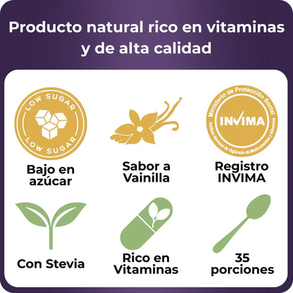 Información de producto natural bajo en azúcar, con sabor a vainilla, registro INVIMA, con stevia y rico en vitaminas