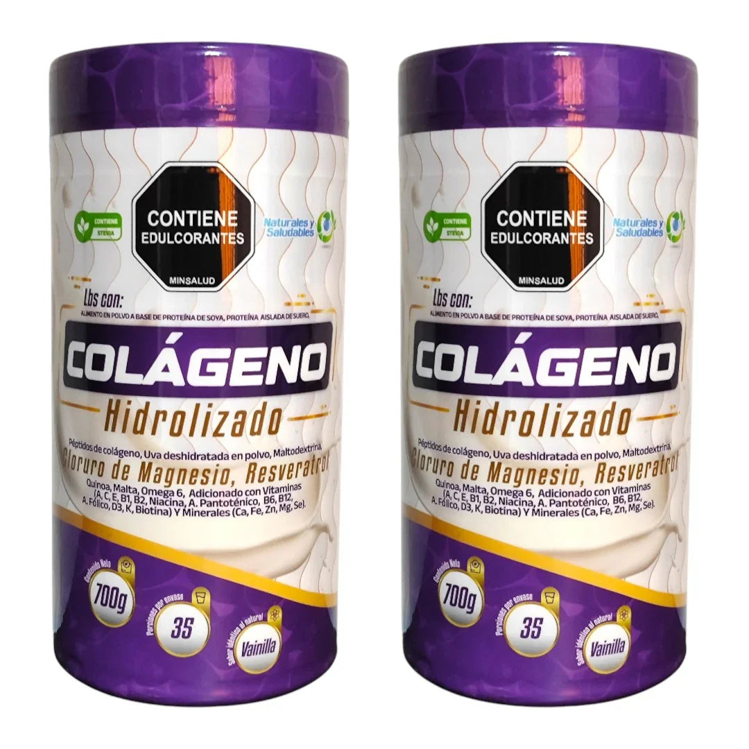 Envases de colágeno hidrolizado en polvo sabor vainilla con magnesio y resveratrol, envase de 700g