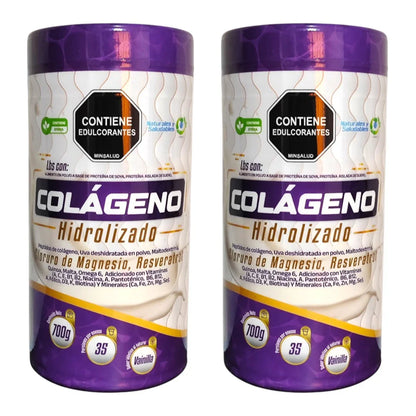 Envases de colágeno hidrolizado en polvo sabor vainilla con magnesio y resveratrol, envase de 700g