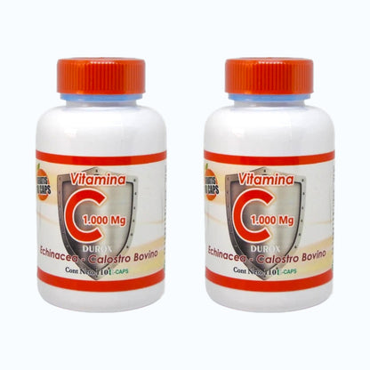 Frasco de cápsulas de VITAMINA C + Hechinacea + Calostro Bovino