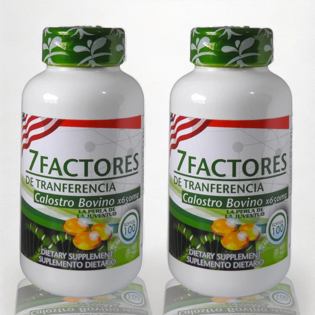 Dos frascos de suplemento dietario 7 Factores de Transferencia con colostro bovino 650mg y 100 cápsulas blandas