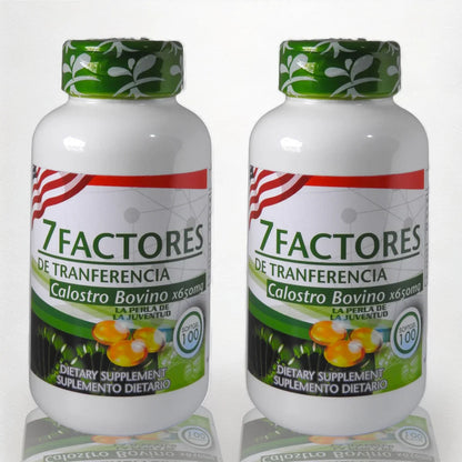 Dos frascos de suplemento dietario 7 Factores de Transferencia con colostro bovino 650mg y 100 cápsulas blandas
