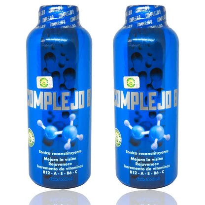 Botellas azules de tónico Complejo B con vitaminas B12, A, E, B6, C para mejorar visión y rejuvenecer