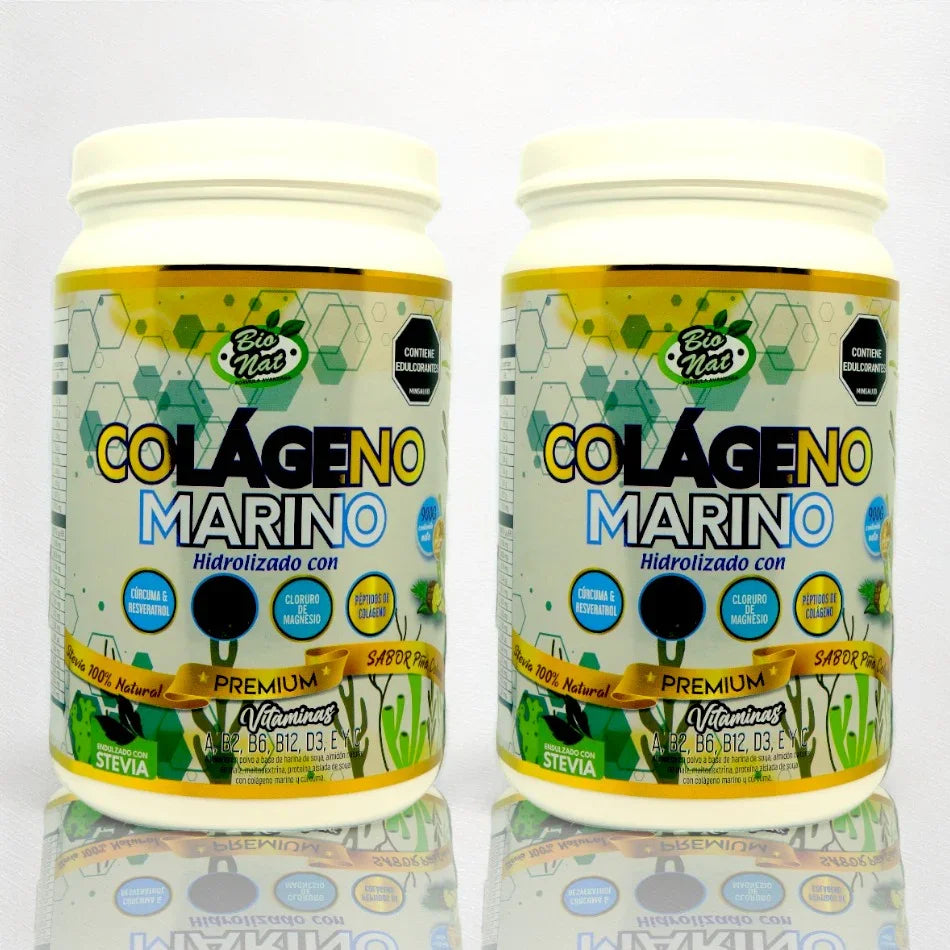 Envases de colágeno marino hidrolizado Bio Nat con vitaminas y sabor piña, producto premium natural