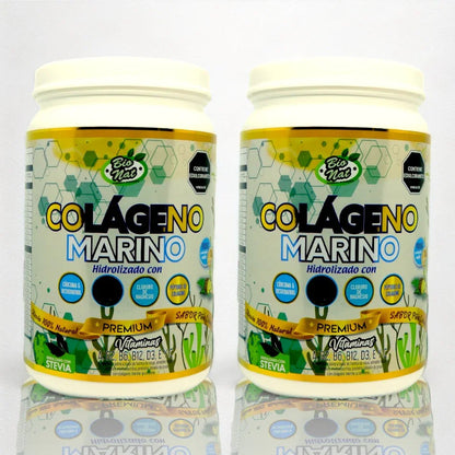 Envases de colágeno marino hidrolizado Bio Nat con vitaminas y sabor piña, producto premium natural