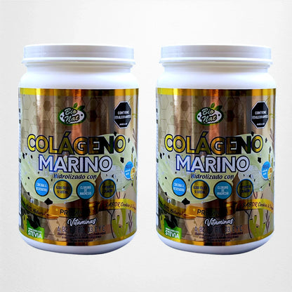 Dos frascos de suplemento Colágeno Marino hidrolizado sabor cookies & cream, con vitaminas y stevia