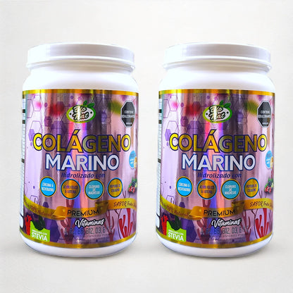 Dos frascos de colágeno marino hidrolizado premium con cúrcuma, resveratrol y stevia