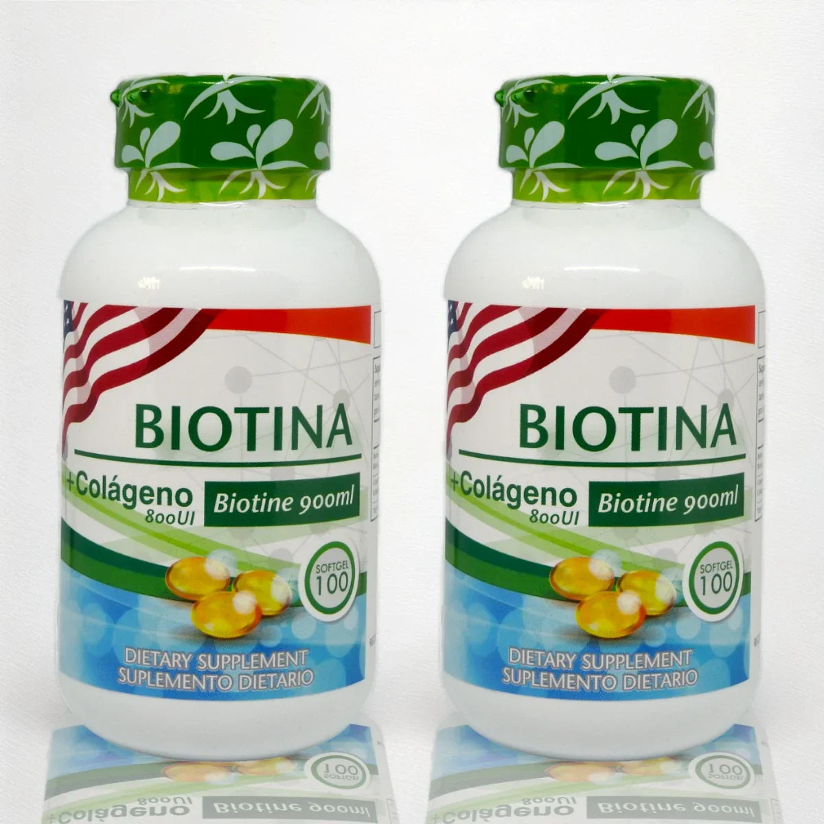 Dos frascos de suplemento dietético de biotina con colágeno y 100 cápsulas blandas